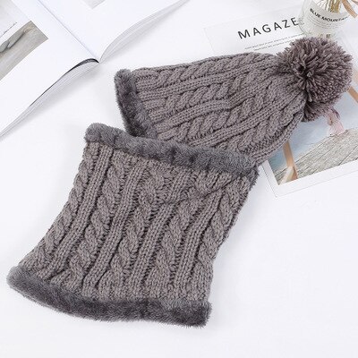 Fleecefodrad varm mössa dam stickad mössa vintermössa scarfset vintermössor för dam skullies mössor huva: Grå
