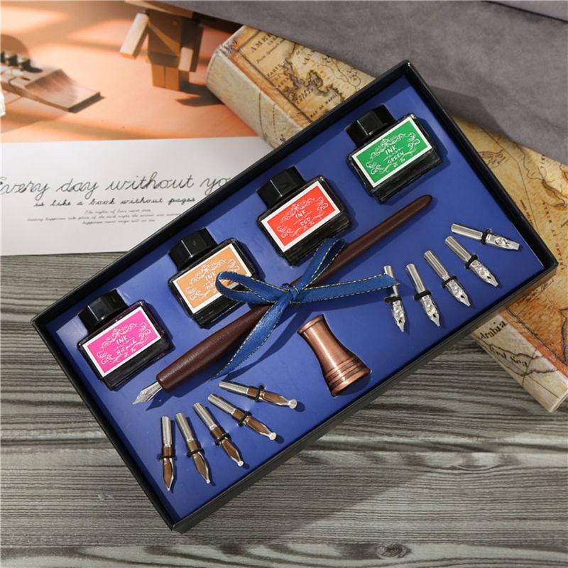 Wooden Caligraphy Dip Pen Hook Line Signature Fountain Pens with Ink Nibs Set Dip Pen Kit Offices School Stationery