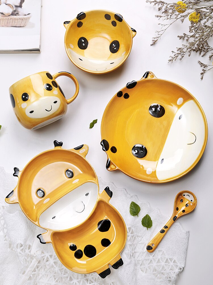 Cute cartoon ceramic tableware Kids Dinner Plate Toddler Feeding Dishes Snack dish Children Training Bowl Spoon Fork