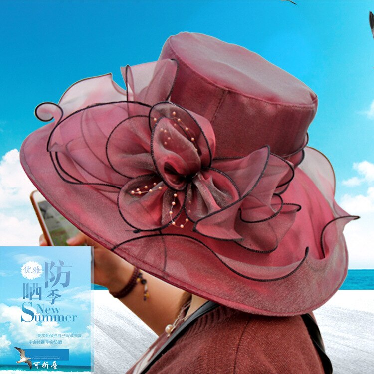 Chapeau de soleil pour femme, chapeau d'été en maille avec fleurs, grand chapeau de plage à large bord ondulé