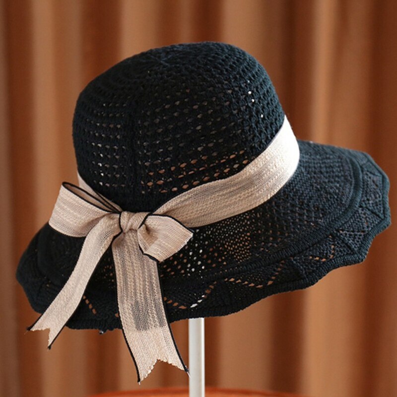 Sombrero plegable de ala ancha flexible para niña y mujer, gorro de punto de ganchillo, sombrero de playa para mujer, gorro de viaje con protección UV, sombrero de mujer: Black