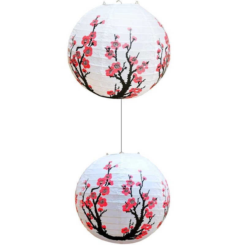 Flor de ameixa chinesa (pacote de 5), lanterna de papel branca redonda chinesa com lâmpada de estilo chinês oriental para decoração de casa presente