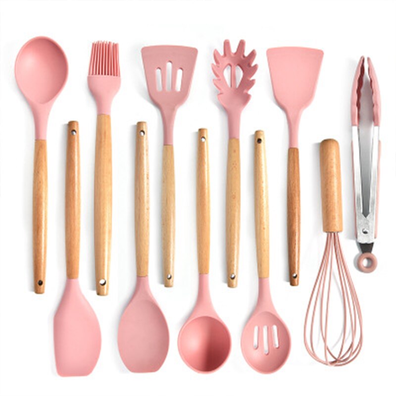 1pc pink køkken silikone køkkenredskaber premium træhåndtag køkkenredskaber sæt drejetang spatel suppe ske tilbehør