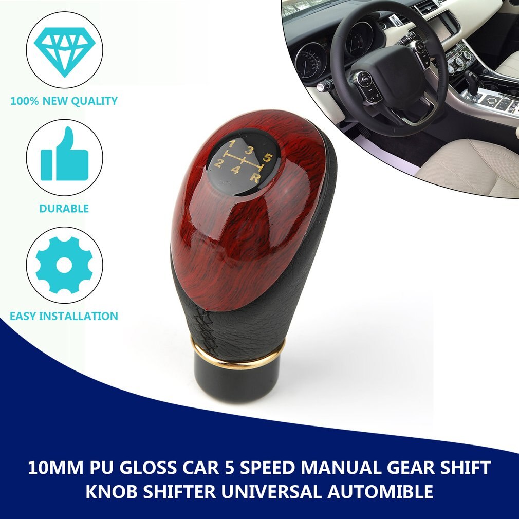Gearhoved træ pu læder universal bil lastbil 5 gears manuel gear stick knap skift glans sælger#