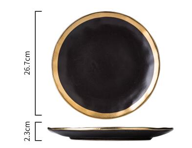 Assiette et bol en céramique à incrustation d'or, collection de vaisselle à bord doré, service de table blanc et noir doré: 10 inch black plate