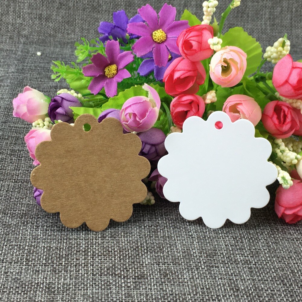 200 unids/lote de 6x6cm, manualidades de papel con forma de flor, etiquetas de tarjetas de flores de de papel blanco/marrón para decoración de bodas, tarjetas DIY