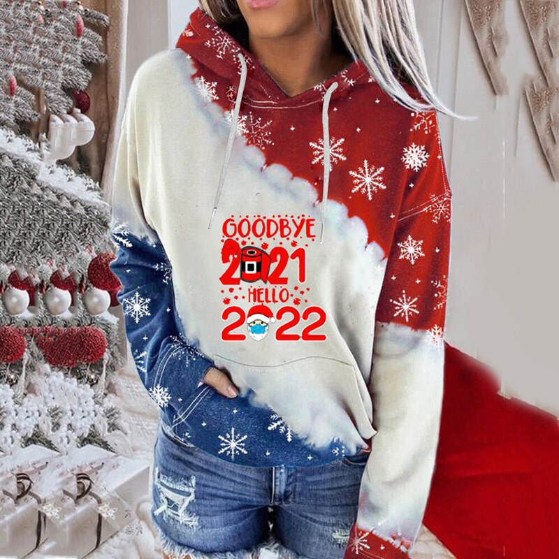 Kobiety boże narodzenie bluza z kapturem, Color Block płatek śniegu list nadruk kreskówkowy bluzy z długim rękawem z kieszonką