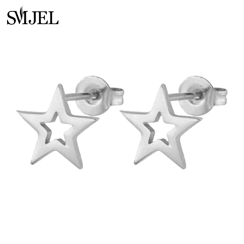 Nuevos pendientes de tuerca de estrella hueca de acero inoxidable para mujer, joyería de de cumpleaños Celestial para el día a día, adolescente y madre: Color dorado