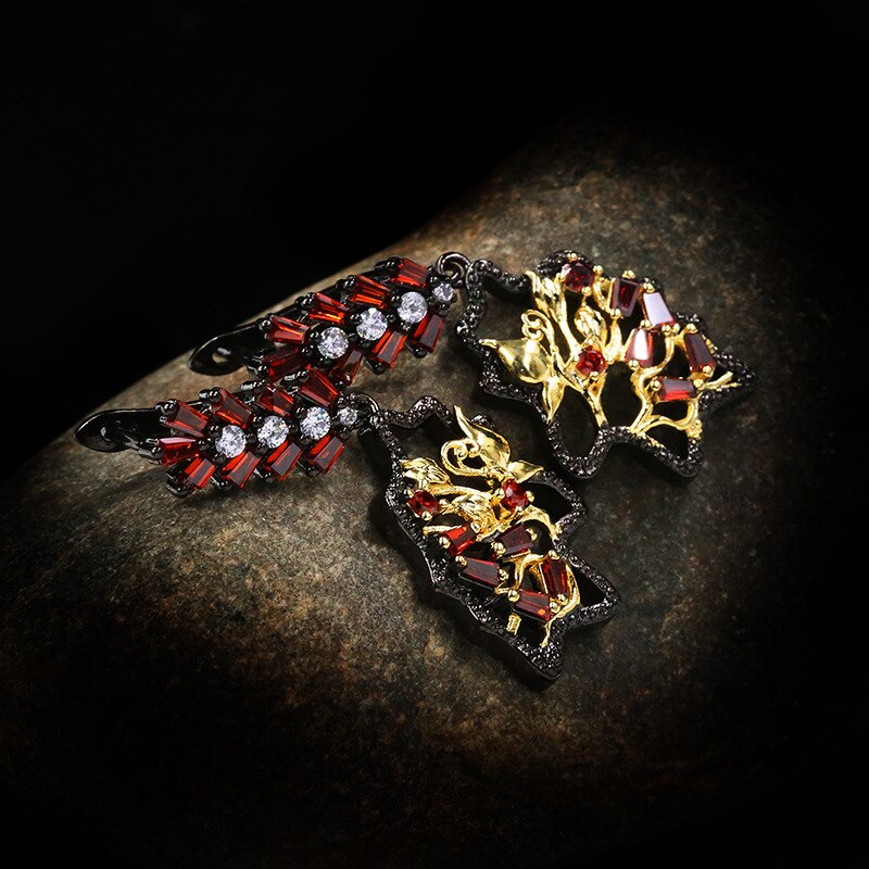 Exquisite Temperament Black Gold Red Hollow Floral Zircon Earrings High-end Light Luxury 925 Silver Jewelry Bridal Earrings