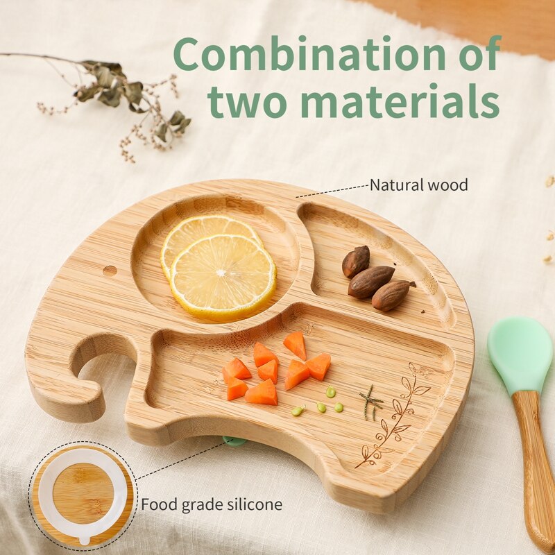 Vaisselle en bois de bambou, accessoires d&#39;alimentation pour bébé, assiette à dîner animaux de dessin animé éléphant avec ventouse, d&#39;anniversaire pour bébé 1 ensemble