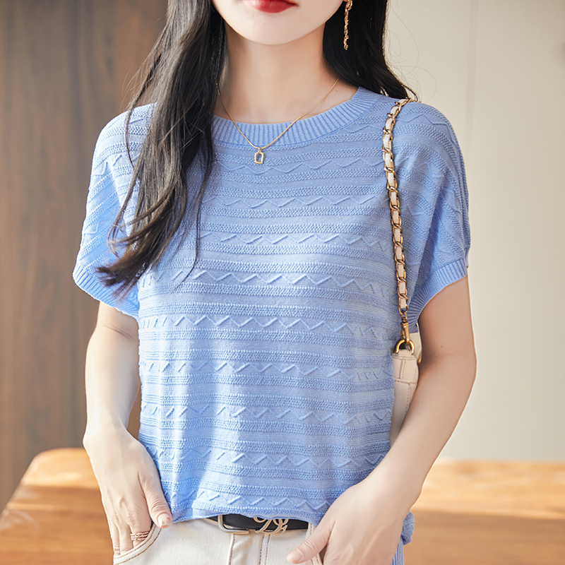 Summer women's T-shirt Lyocell knitted short sleeved casual striped Tees loose round neck Tops Blouse