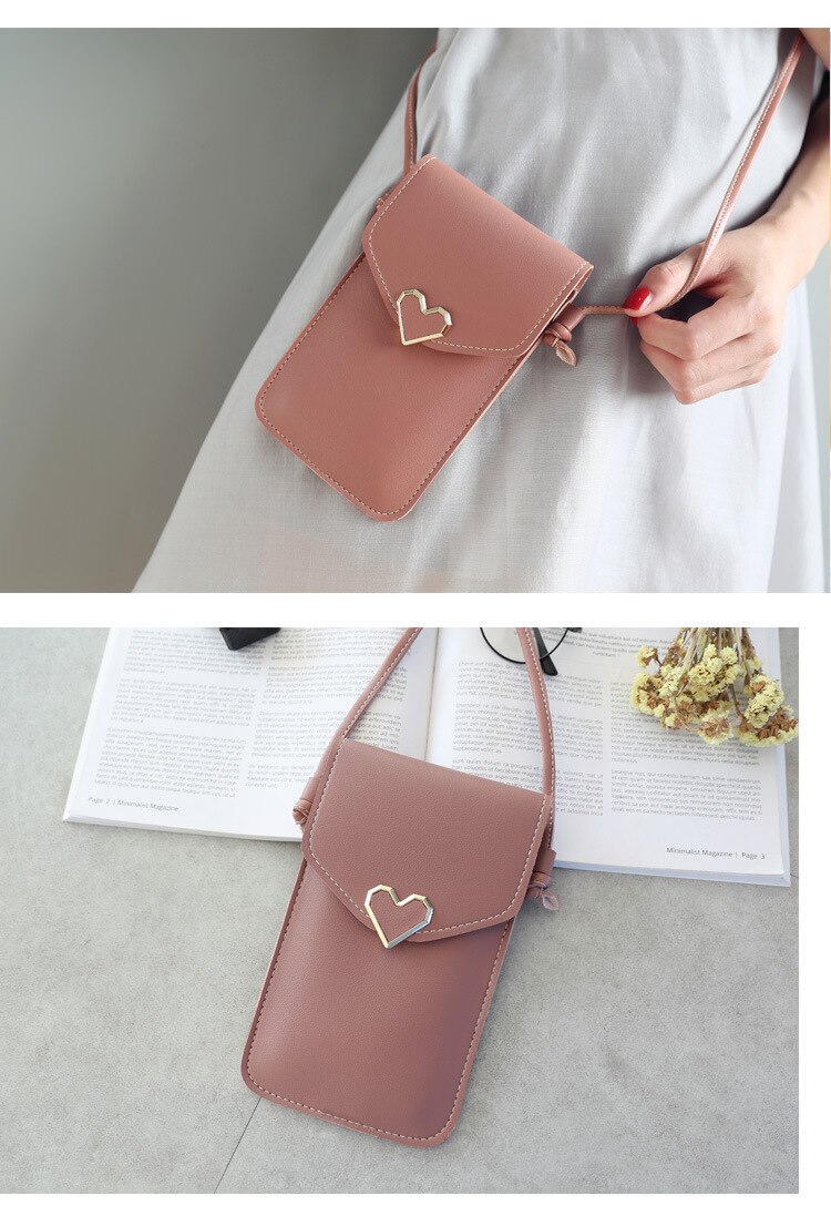 Sac à bandoulière de téléphone à écran tactile pour femmes, Mini sac à bandoulière pour étudiants, petit sac à pression décorations cœur d'amour, sac Transparent,