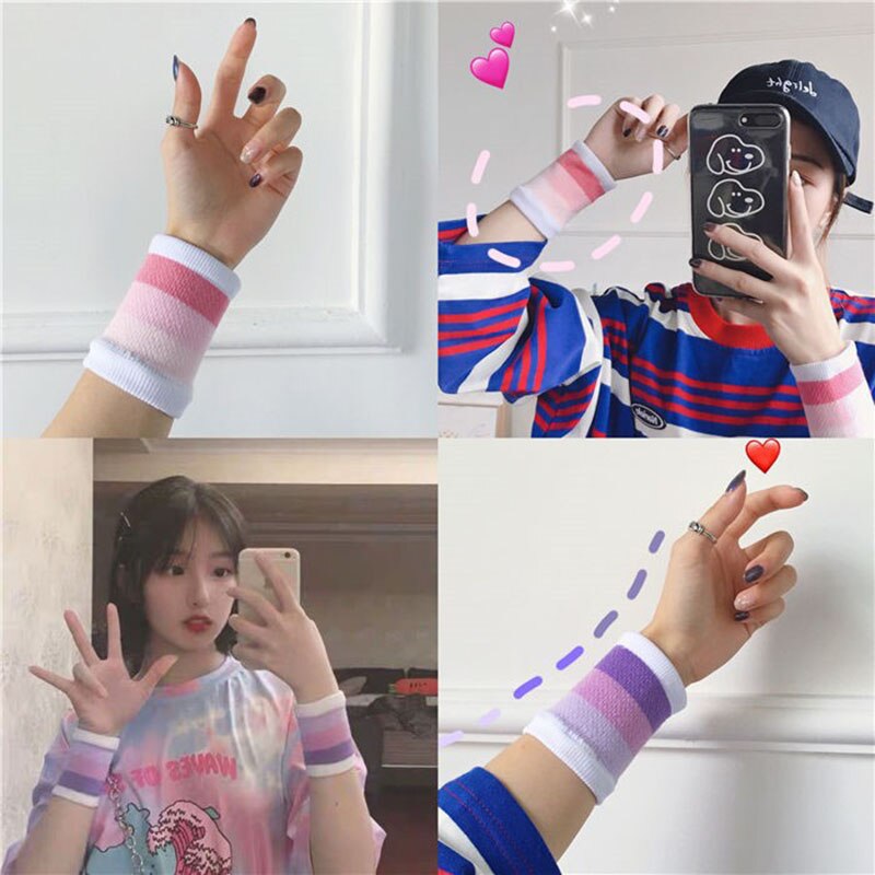 Wrist wristbands girls small fresh sports wipe sweat basketball autumn and winter warm cute pink rainbow striped wristbands