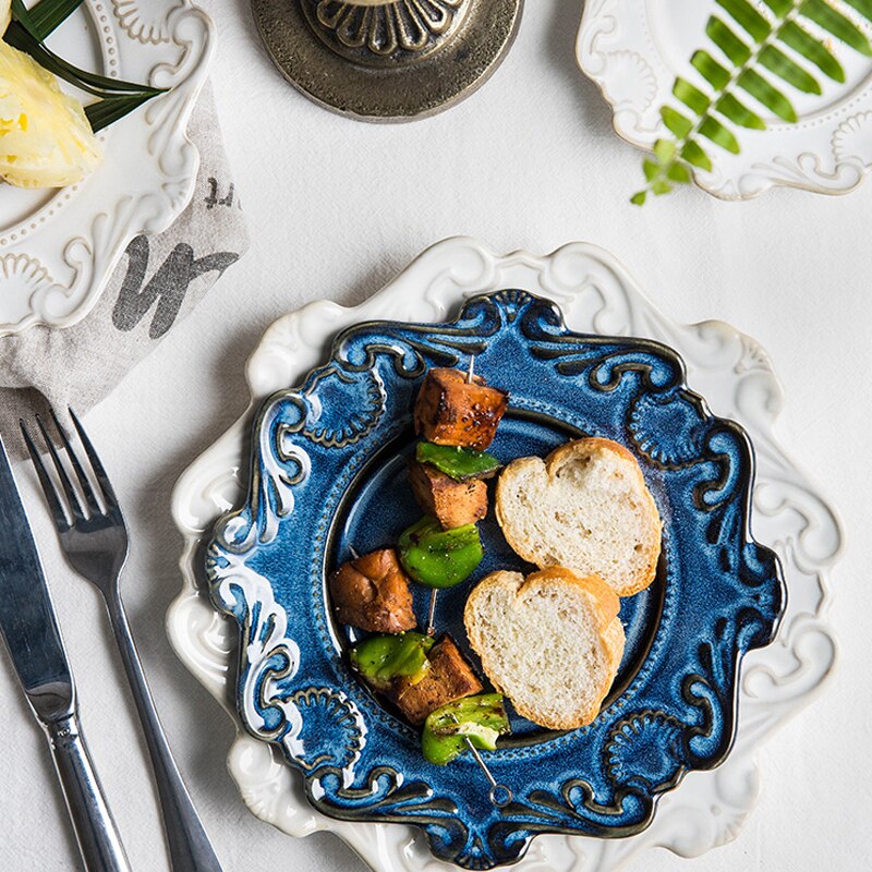 European retro ceramic plates tableware dinner plates ceramic embossed pattern porcelain dessert plate cake plate