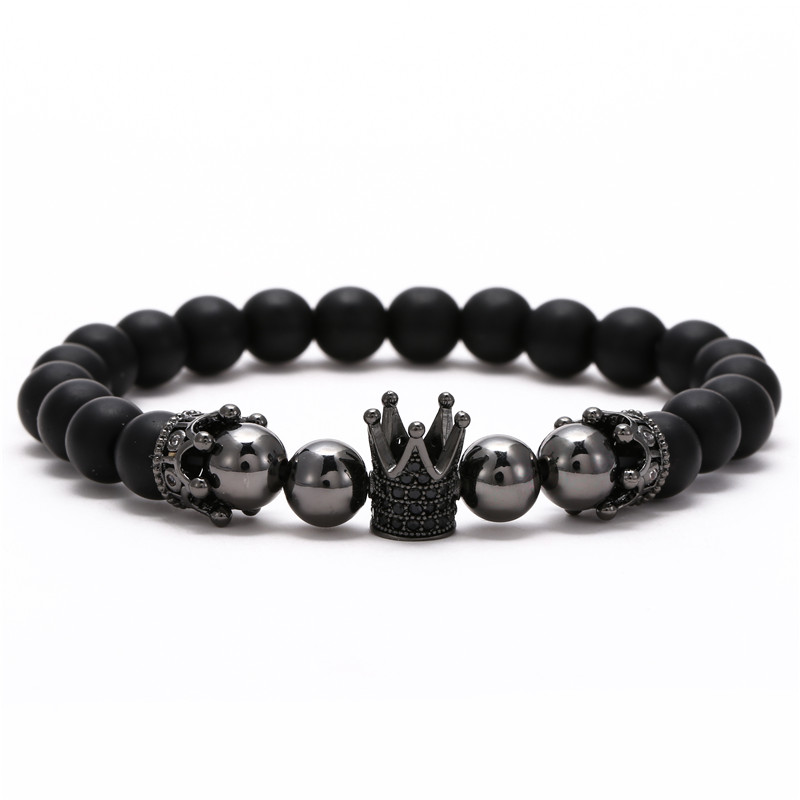 Pulsera de cobre hecha a mano para hombre y mujer, Micro CZ King crown, cuentas elásticas de 8mm, brazalete de joyería,: BD1002H