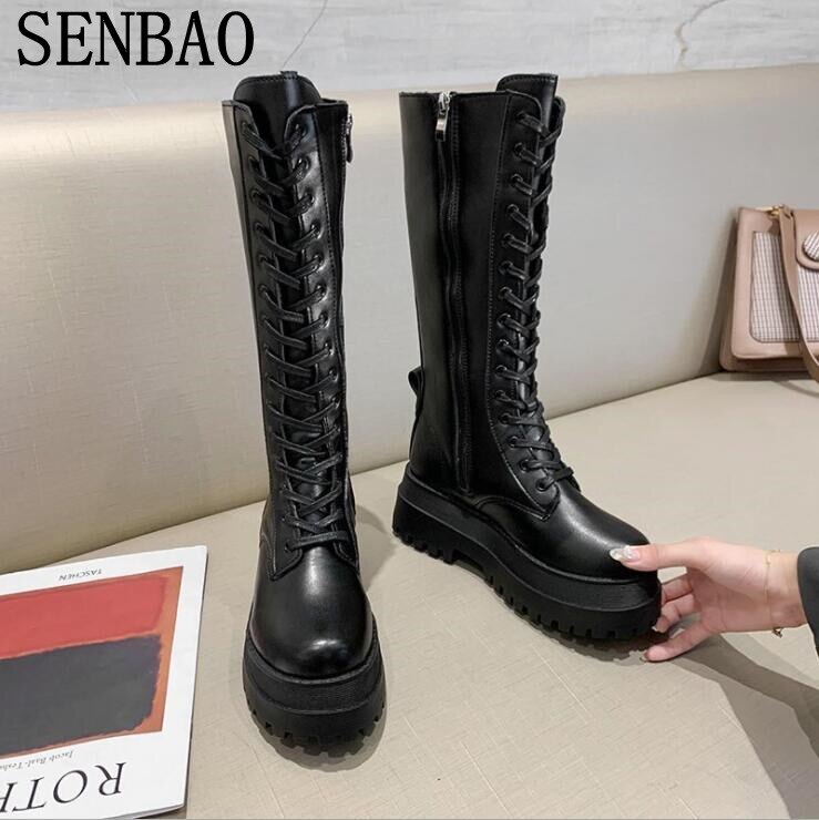 Antumn-Botas de combate para mujer, zapatos góticos de plataforma alta para mujer, botas de cuero negro con cordones, botines hasta la rodilla Martin