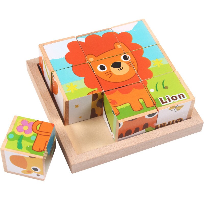 9pcs 6 lato giocattolo Del Bambino 3D Del Fumetto di Legno Tagliere blocco blocco blocco di cubi di Legno di Frutta Animale Traffico giocattoli Educativi per regalo dei bambini