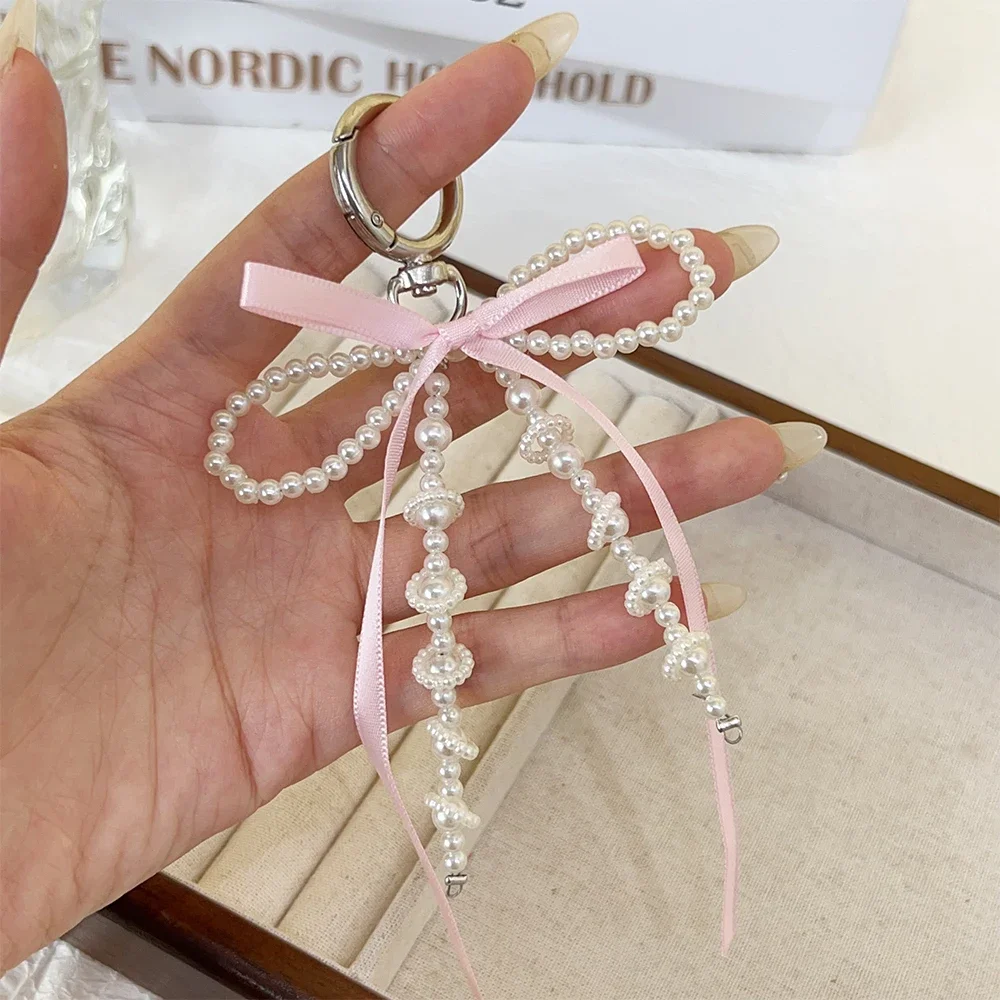 Colgante con dije para teléfono Y2K, bonito llavero Kawaii con lazo rosa, bolso, correa para teléfono, llavero con cordón para teléfono móvil para niña, joyería de cumpleaños DIY: Negro