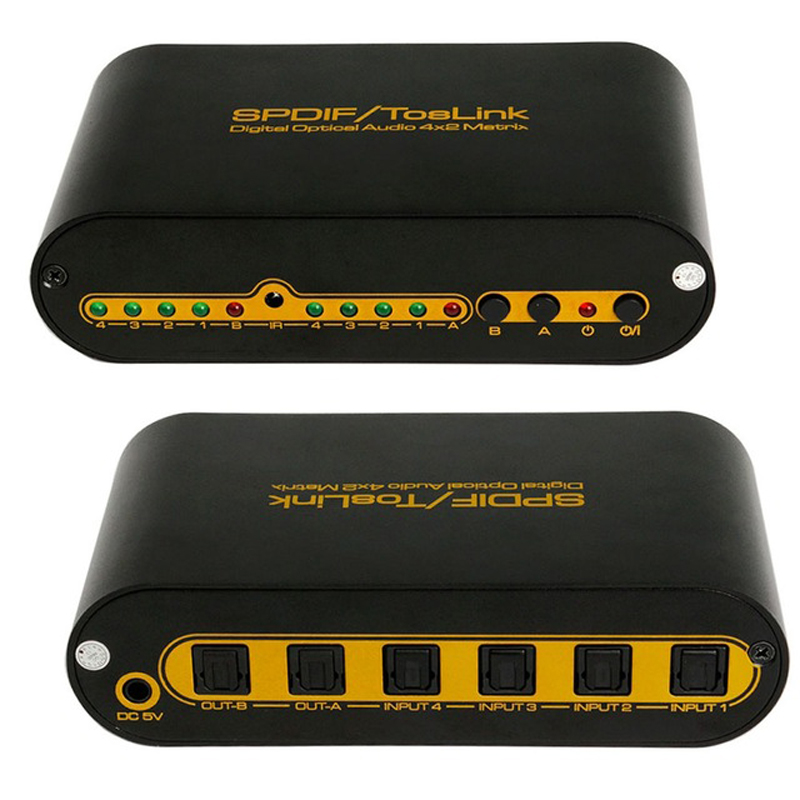 SPDIF TOSLINK Digital Optical Audio True Matrix 4x2 Switcher Switch Splitter 4 In 2 Out Video Converter Remote Control