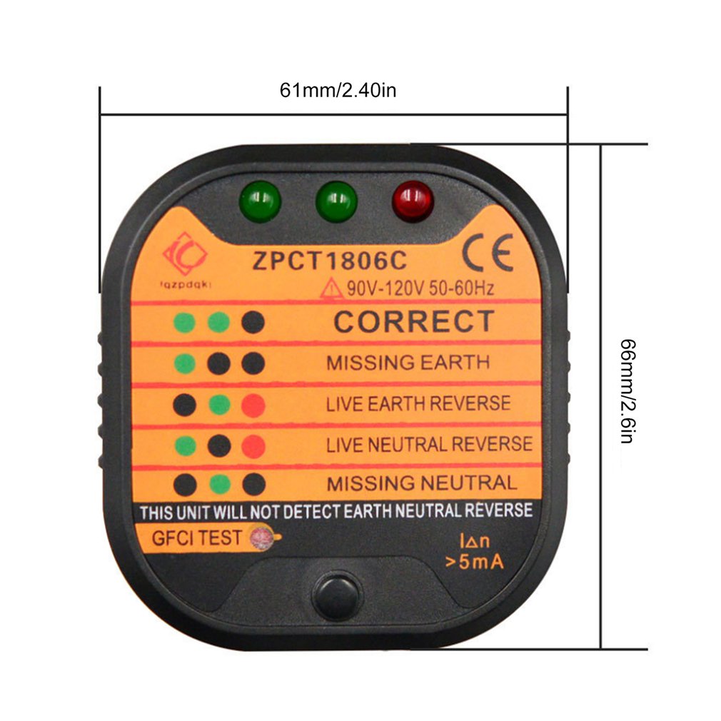 ZPCT1806C Outlet Socket Tester Circuit Polarity Voltage Plug Breaker US Ground Zero Line Switch Safety Electroscope