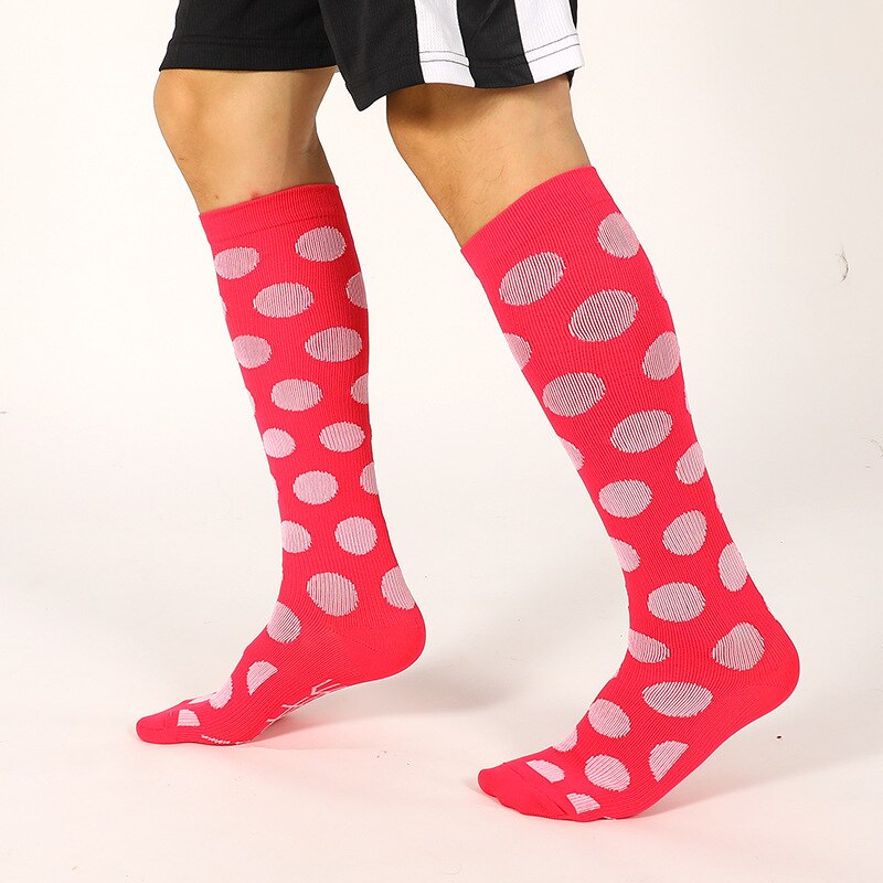 Brothock Paar Sport Socken Atmungsaktiv Feuchtigkeit Wicking Männer und Frauen Polka Dot Sport Knie Hohe Socken Kompression Strümpfe: pink / EUR 41-46