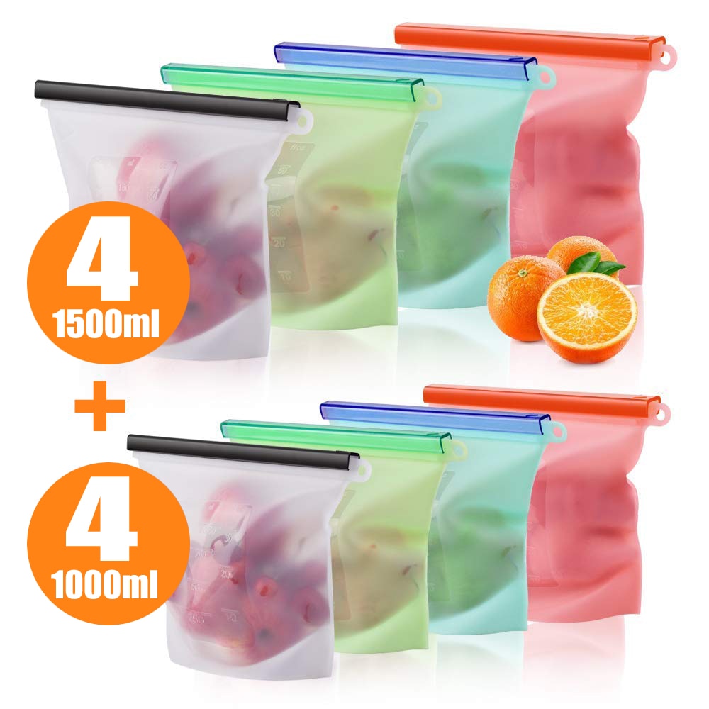 Reusable Silicone Food Storage Bag 1000ml 1500ml Kitchen Silicone Storage Bag Eco Ziplock Seal Freezer Bag Fresh Bags: 4-1000ml 4-1500ml