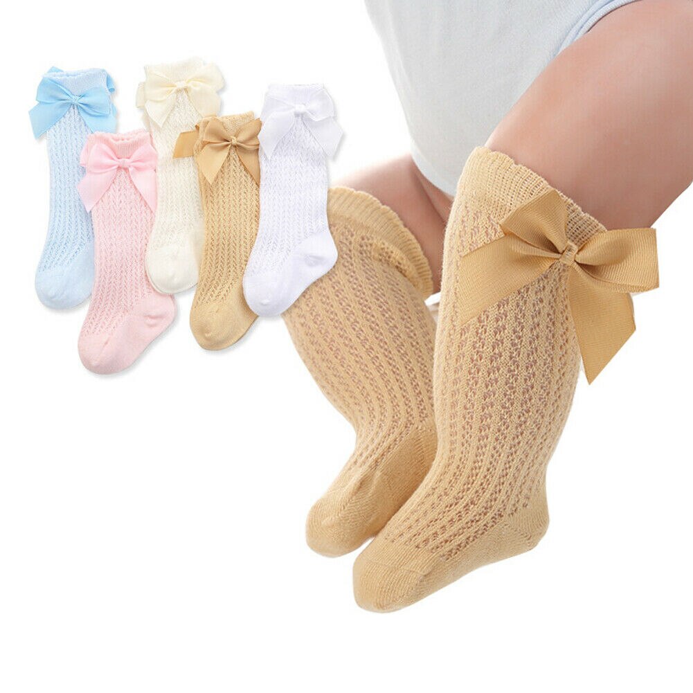 Chaussettes montantes en coton extensible pour bébés et enfants de 0 à 3 ans, collants avec nœud en ruban, pour chauffe-jambes, solide, mignon et mignon