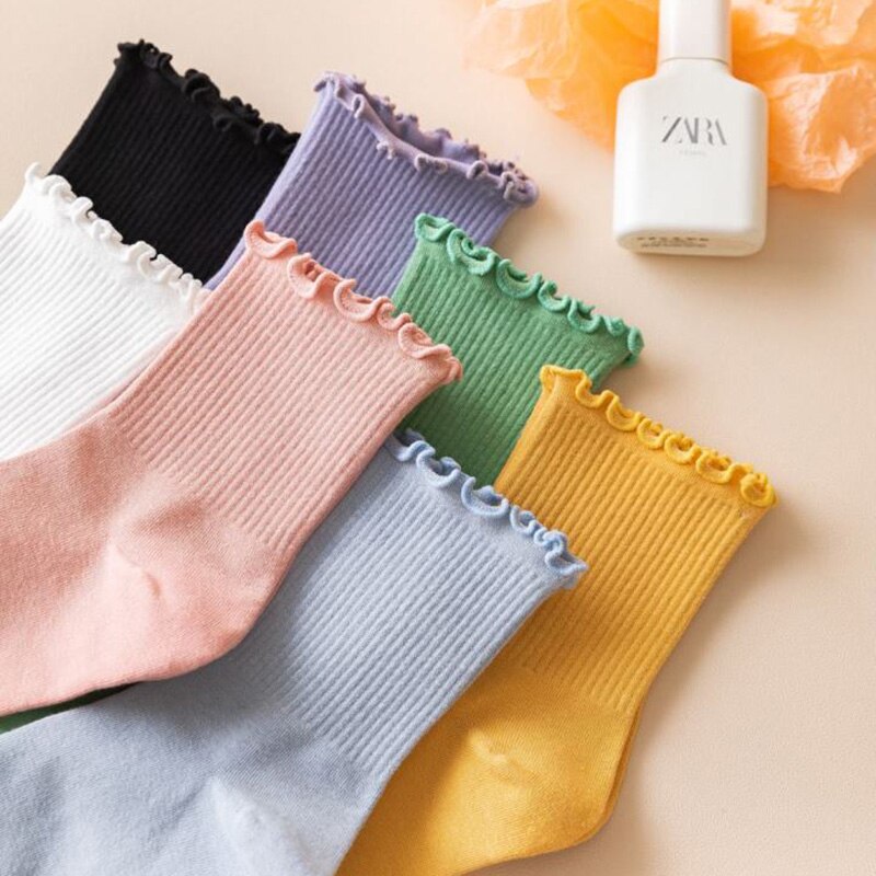 Röyhelöiset röyhelösukat naisille pitsiset söpöt yksivärinen harajuku puuvilla kawaii onnellinen syksy talvi pitkät korkeat naisen sukat tyttöjen sukat