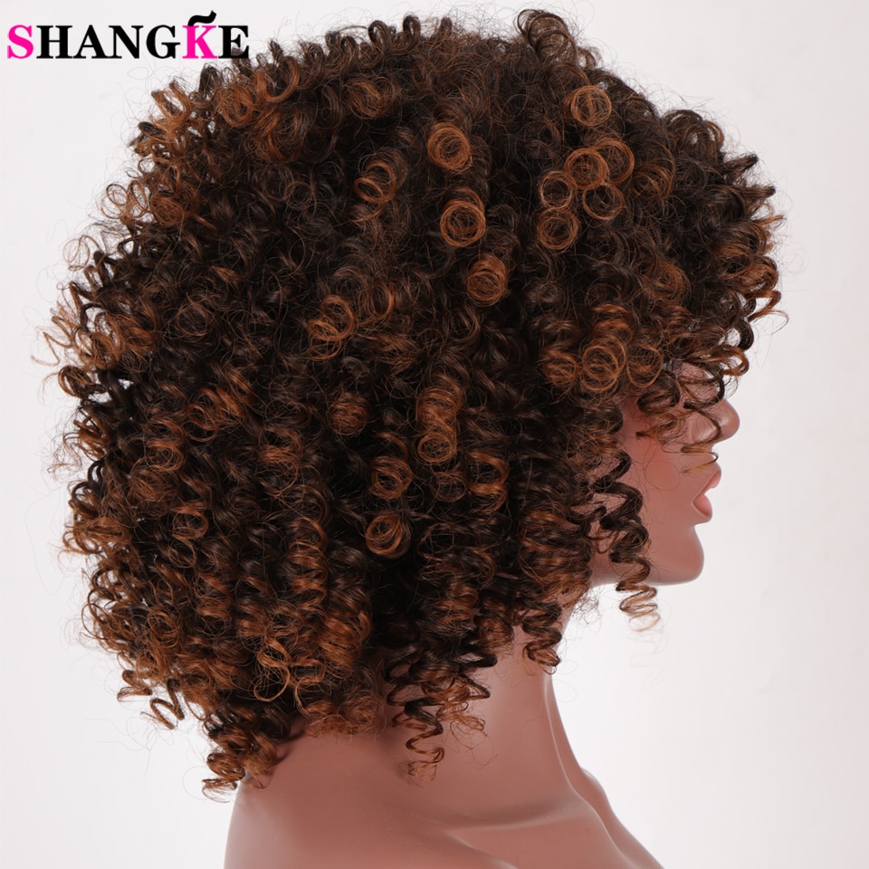 Shangke syntetisk 14 &quot; kort hår ombre svart brun gyllene peruker för kvinnor kinky lockig afro peruk afroamerikan