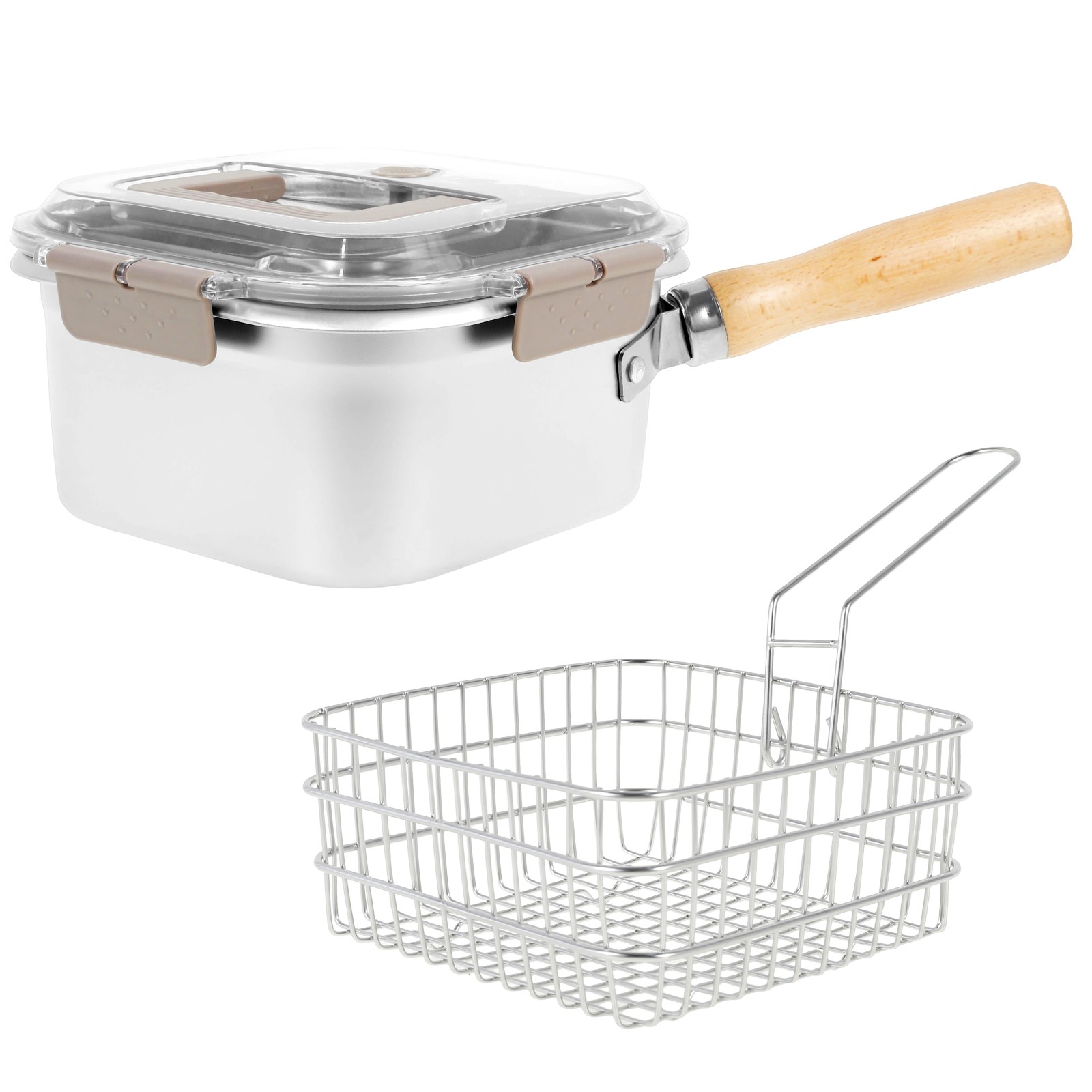 Fritteuse-Topf, Edelstahl-Brattopf mit Korb und Deckel, Fritteuse in Lebensmittelqualität, multifunktionaler Frittiertopf, Küchenzubehör: WHITE
