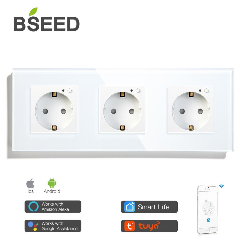 BSEED Single WIFI Power EU Sockets Double Smart Google Alexa Wall Sockets 16A Triple Glass Crystal App Sockets On/Off Switches: Triple Socket White