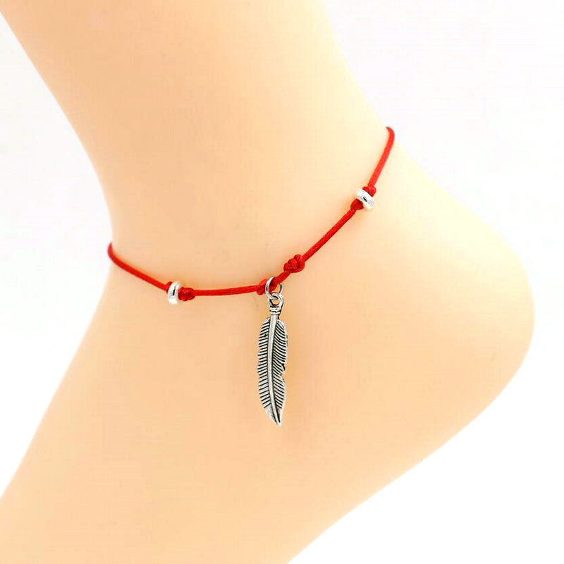 BPPCCR Bladeren Veer Enkelbanden Mannen Vrouwen Chakra Barefoot Enkel Rood Touw Armband Cheville Sandaal Pulseras Tobilleras Mujer: leaf red