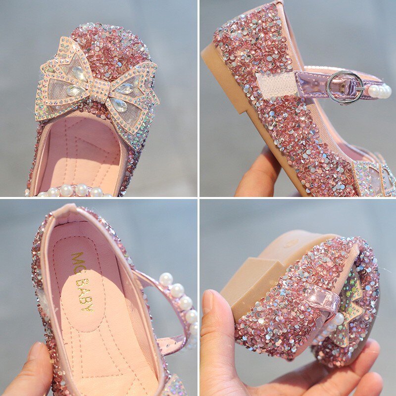 Girls Shoes Rhinestone Princess Shoes Bling Wedding Shoes For Girls Pearls Mary Janes Glitter Dance Baby Kids Flats Child