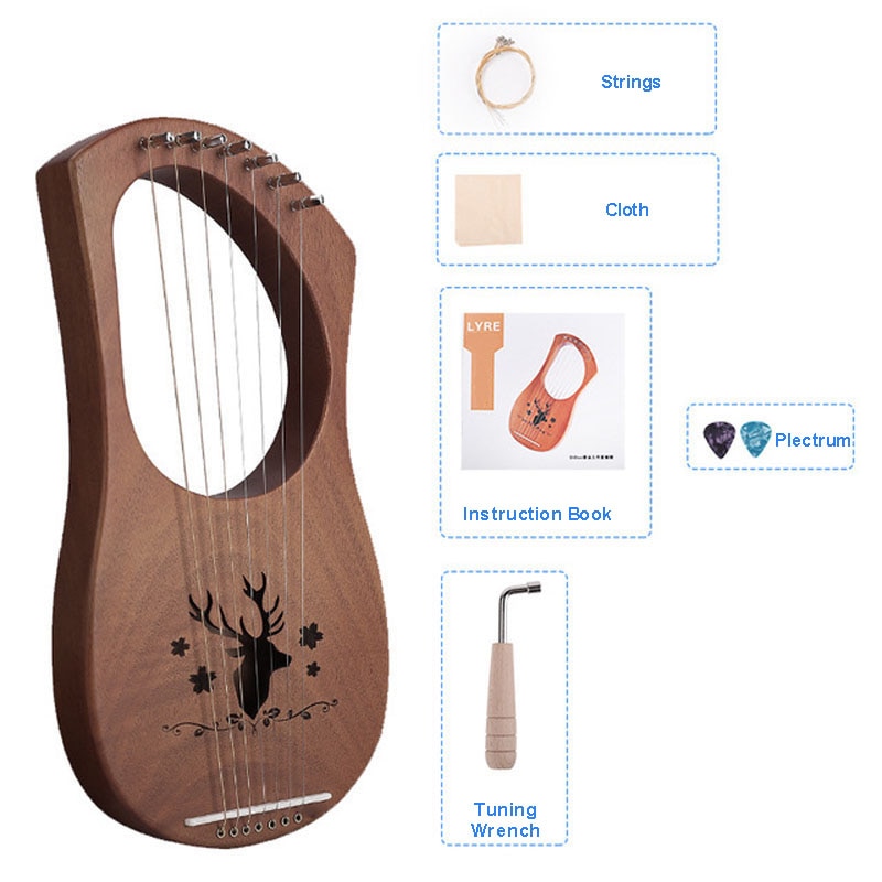 7 Strings Lyre Harp Mahogany Wood Come With Instruction Tuning Wrench Plectrum Cloth Greek Small Instrument Special Musical: Reindeer Retro