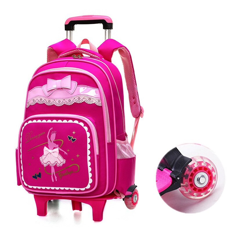 Cartoon 2 Wheels Girls Trolley School Bags Backpack Detachable Children Rolling Book Bag Waterproof Travel Bags Mochila: rose red 2 wheels