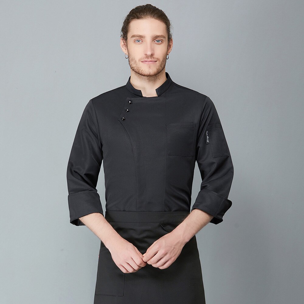 Food Service Long Sleeve Chef Jacket Head Chef Uniform Restaurant Hotel Kitchen Blue Black Chef Uniform Chef Coat: Black / L