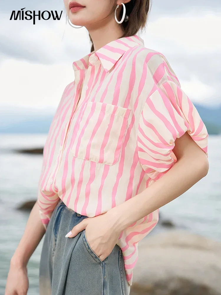 MISHOW-Chemise rayée à manches bouffantes pour femme, col polo, poche, décontracté, bureau, été, coréen, 2023, MXC38C0072