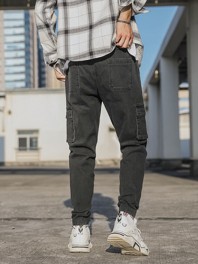 Vårhöst herrjeans med flera fickor, arbetskläder, cargobyxor, svarta blå, resår i midjan, joggingbyxor i stora storlekar, jeansbyxor 8xl