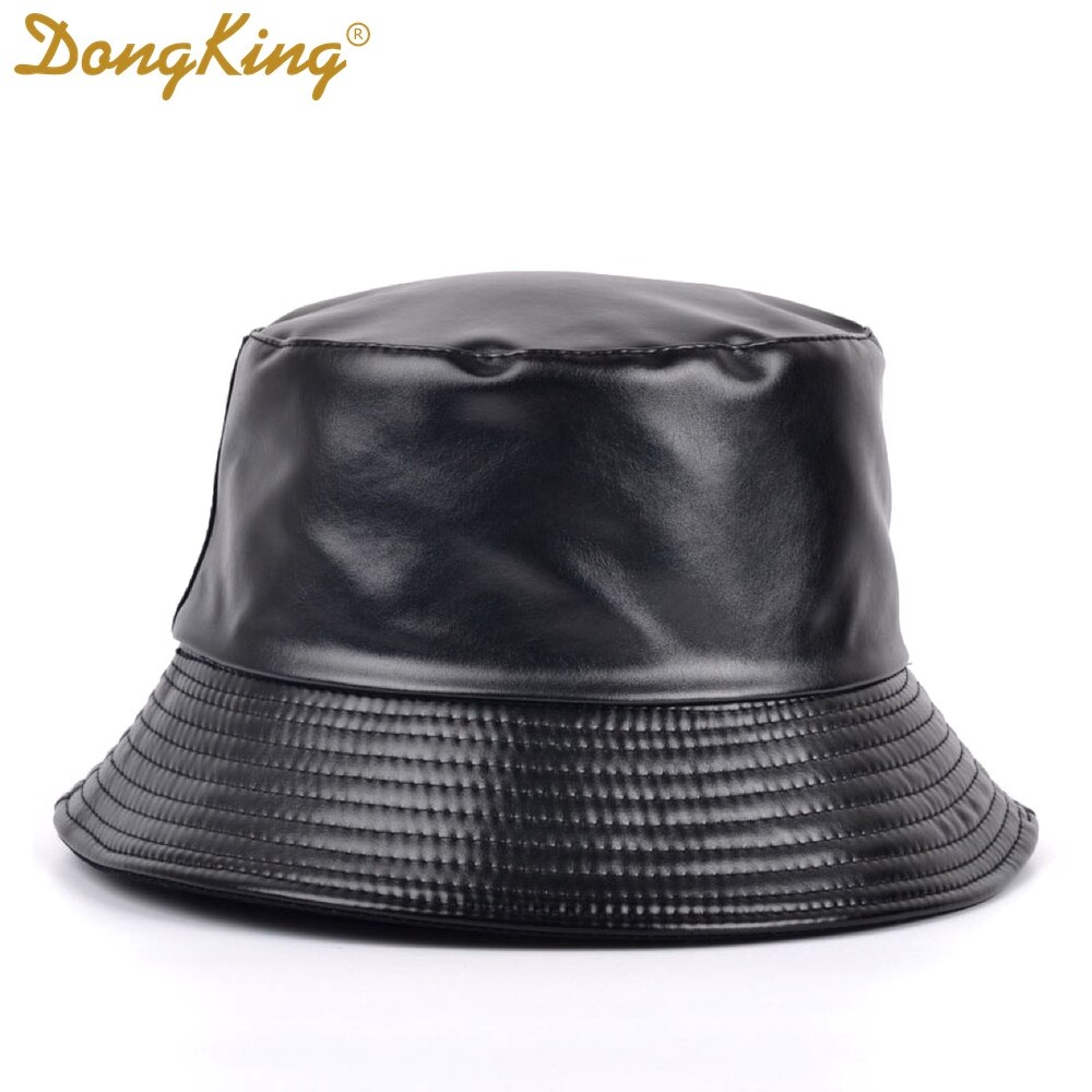 Dongking spand hatte kunstlæder spand hat hat dobbeltsidet hat pu & bomuld solid top damer spand kasket panama fisker kasket: Sort