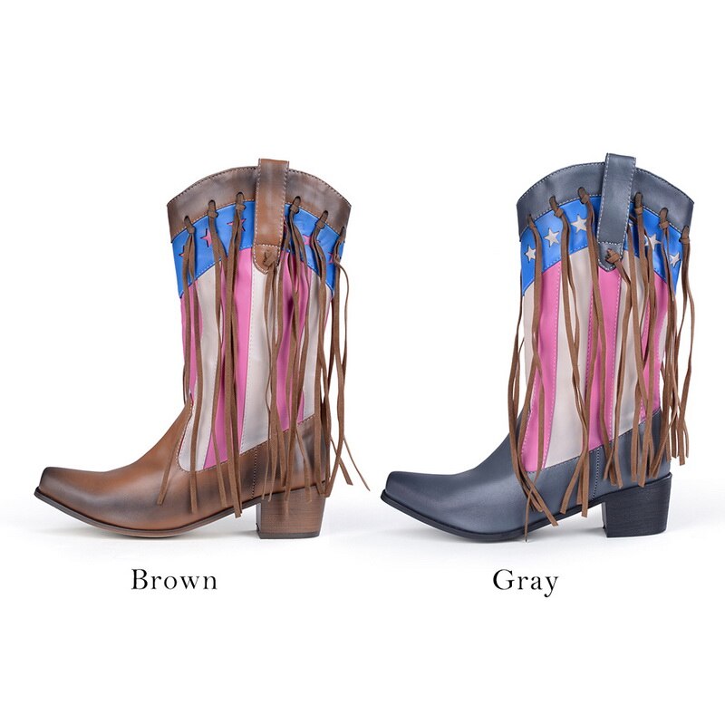 JODIMITTY Fransen Stiefel retro Frauen Quaste Randbereich Faux Wildleder Leder Cowboy Stiefel Niedrigen Ferse Damen Schuhe Bohemien Boho Ferse Stiefel