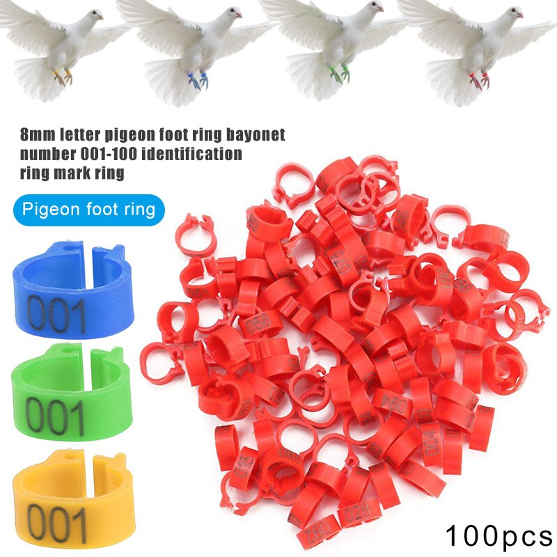 100pcs Numbered Birds Leg Bands 8mm Poultry Leg Foot Rings for Chickens Doves Pigeons 001-100 E2S