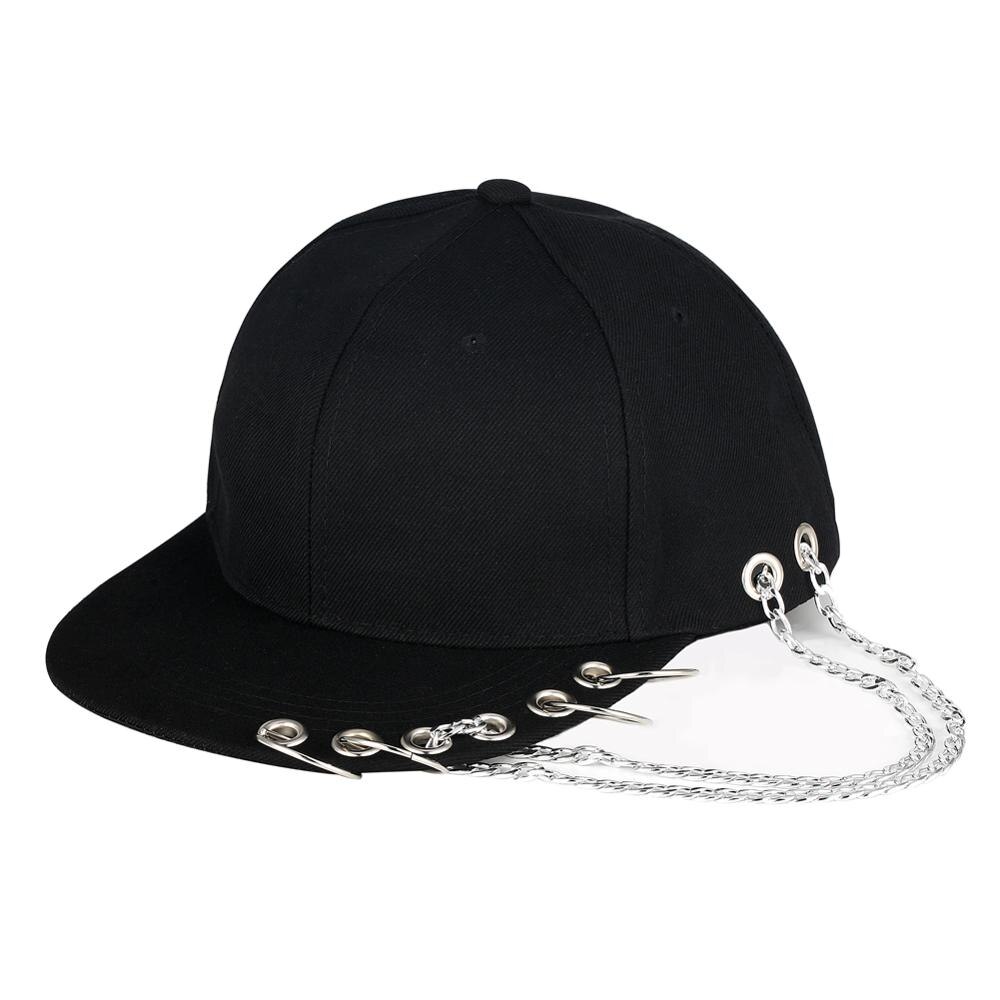 Gorra negra Punk Hip hop con cadena de hierro, remache, sombrero plano con pico, gorra deportiva transpirable para papá, Piercing, anillo, gorra de béisbol Snapback jazz niños: Default Title