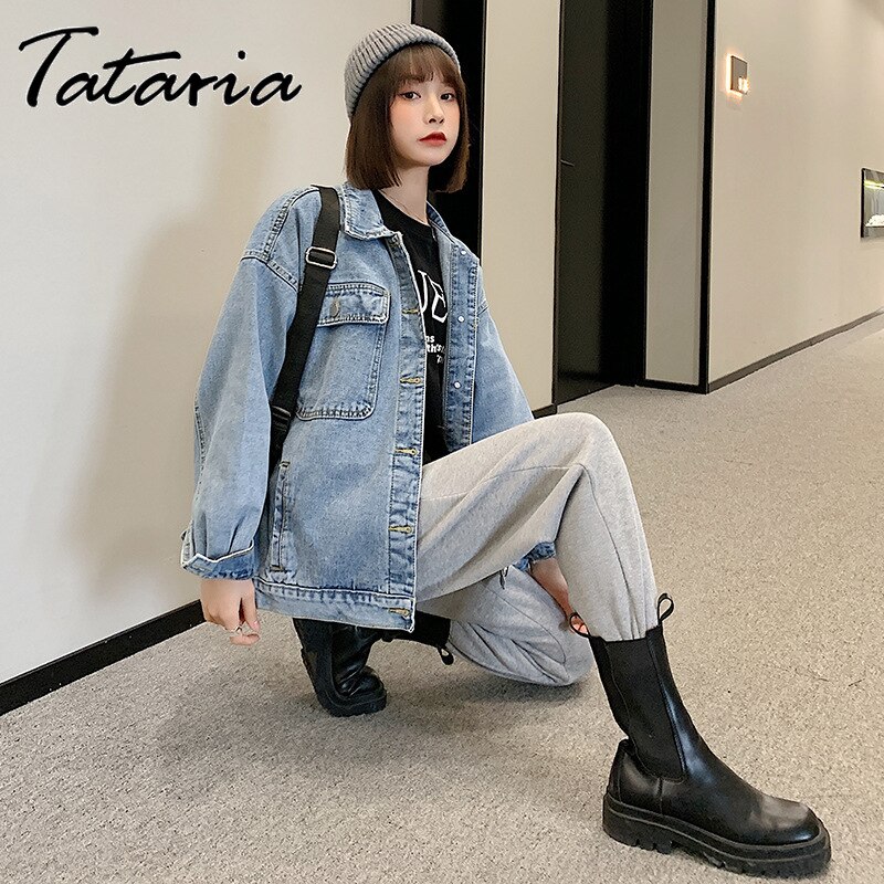 Vintage jeansjacka dam vårkappa sliten oversized ytterkläder kappor vindjacka pojkvän kvinnlig jeansjacka plus size