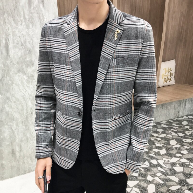Heren herfst slank pak blazer geruite print eenvoudig temperament britse stijl zakelijk casual jurk jas jas: Grijs / M voor 47-53 kg