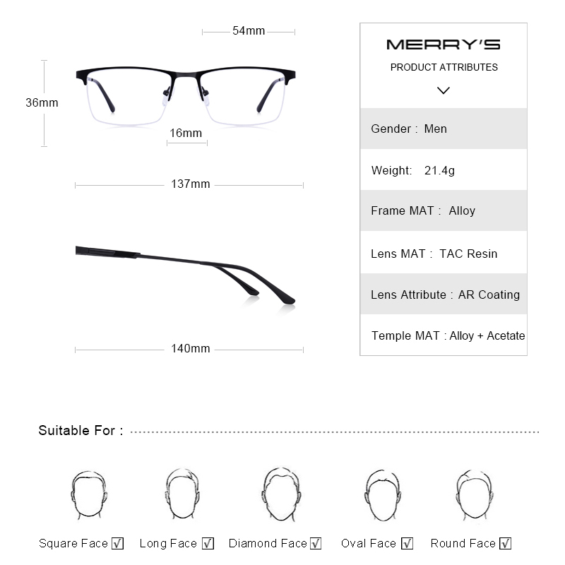 Merry's men titanium legering brilmontuur heren vierkante ogen bijziendheid bril op sterkte heren half optisch  s2064