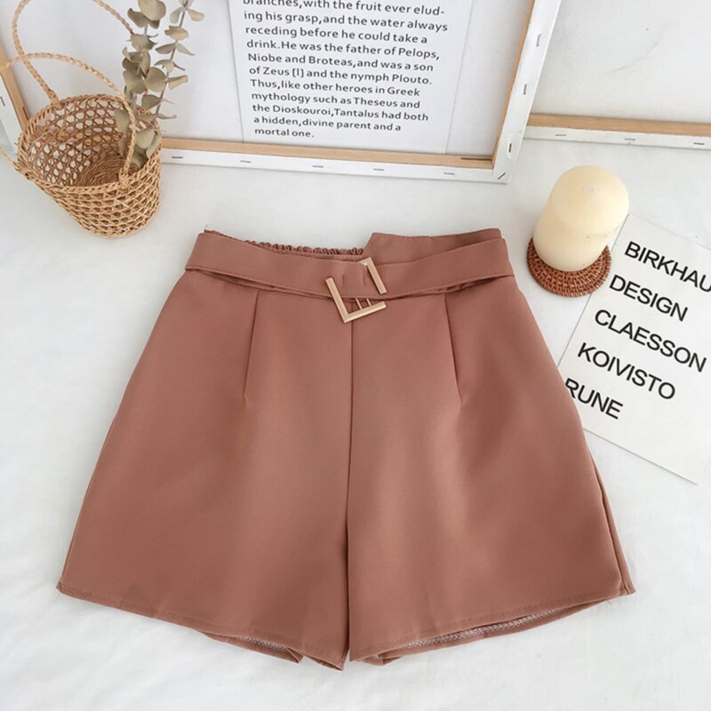Coréen bref femmes Shorts jambe large avec ceinture noir costume Shorts solide élastique taille haute jaune 5 couleurs: red / XL