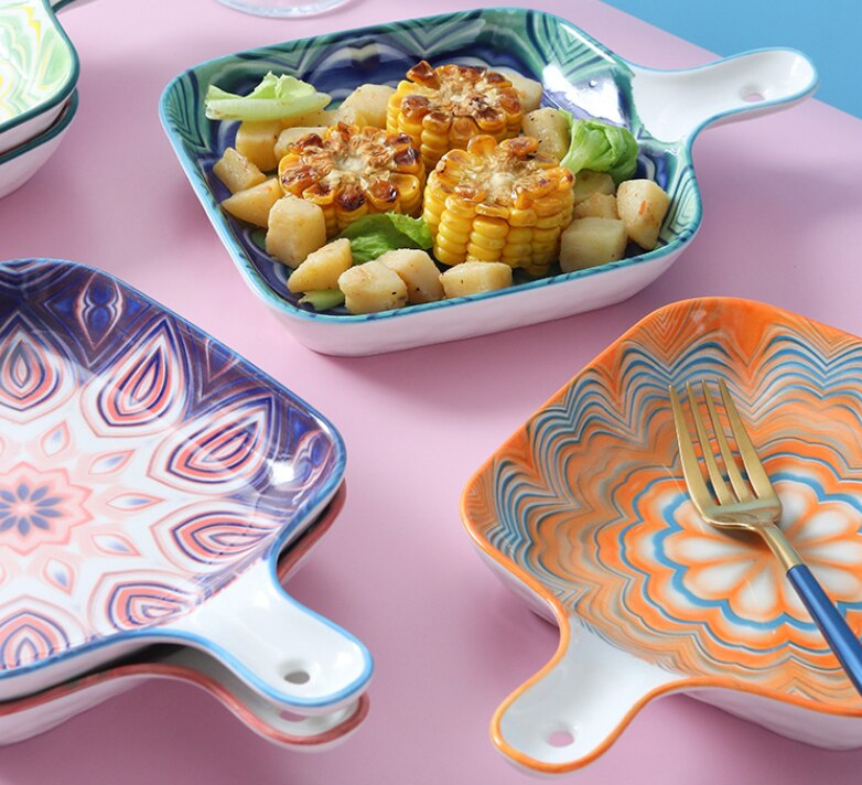 Bohemian Style Single Handle Square Baking Tray Ceramic Plate Household Dishes For Kitchen Utensils