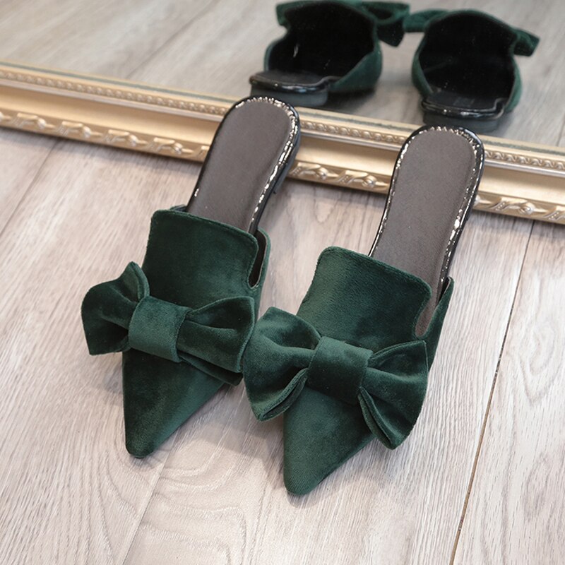 Damesmuiltjes met strik, platte schoenen met lage hak, slippers voor dames, herfstslippers voor dames met puntige neus, schattige meisjesslippers: Groente / 5
