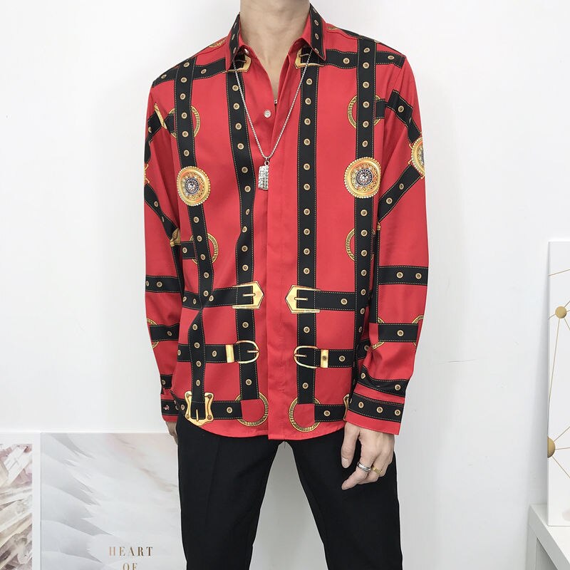 rot Shirt Männer gotisch 3d Barock Gürtel Kette Druck Party Prom Hemden Langarm schlank passen Geschmack Unten Verein bankett Hemd