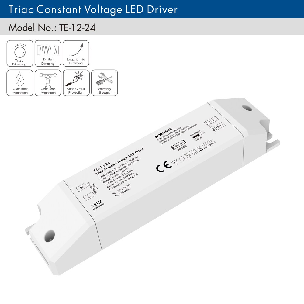 Triac LED Driver Dimmable Constant Voltage 1CH 12W AC 220V to DC 12V 24V PWM Digital Dimming Triac Driver 12V for LED Light Tape: TE-12-24